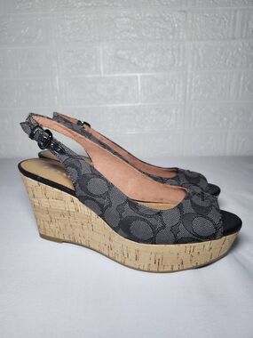 Coach Women's Black Signature Canvas Cork Slingback Wedge Sandals Size 8